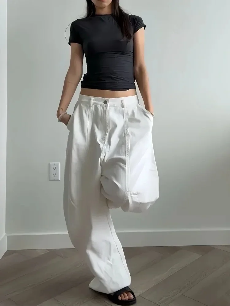 กางเกงขายาวสีขาวสไตล์วินเทจสำหรับผู้หญิง คอลเลคชั่นใหม่ปี 2025 กางเกงแฟชั่นทรงขาบานสไตล์ Y2K กางเกงลำลองสตรีทแวร์ กางเกงขายาวผู้หญิง