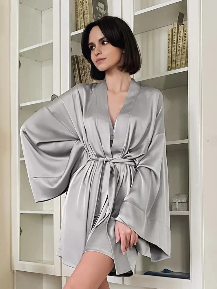 

Sexy Women's Dressing Gown Flare Sleeve Bathrobe Female Black Loose Robes Women V-Neck Women's Nightwear With Sashes 2022