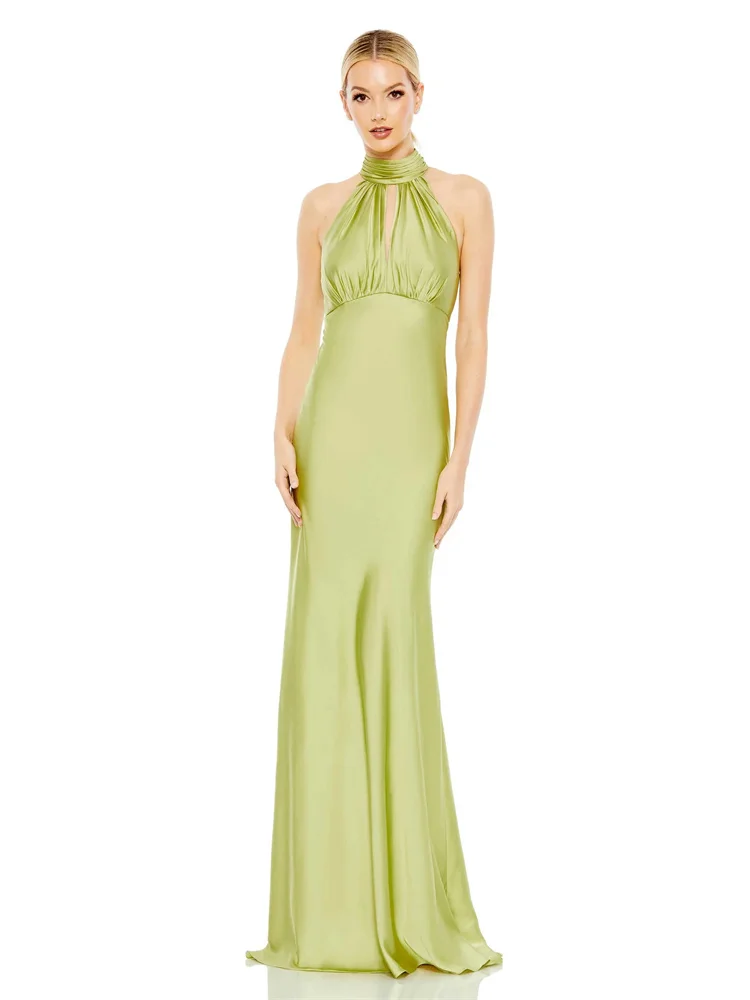 

New Arrival Apple Green High Halter Neckline Satin Evening Dress Elegant Sleeveless Empire Waist Red Party Gowns For Women 2024