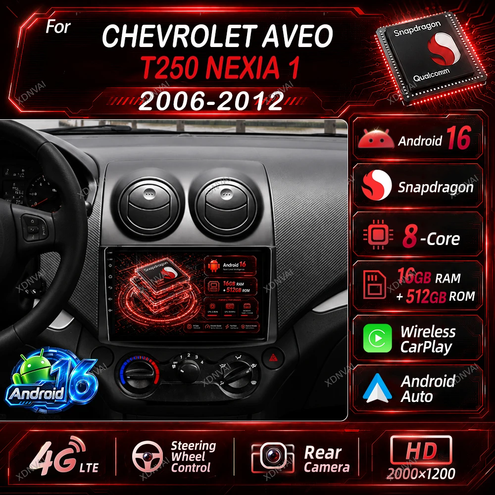 Android 16 Multimedia For Chevrolet Aveo T250 2006 - 2012 Nexia 1 2020 - 2022 Car Radio Video Player GPS BT Carplay 5G WIFI DSP