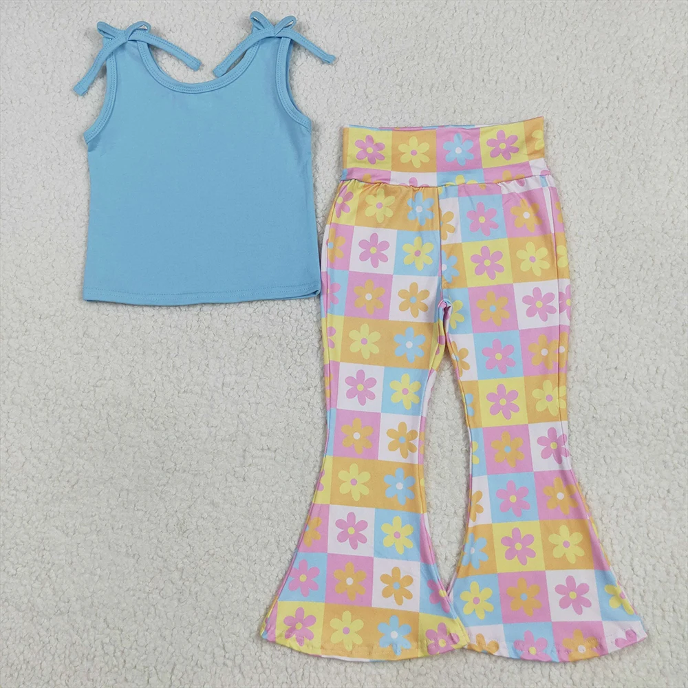 

Baby Girls Blue Floral Top And Plaid Bell Bottom Pants Set Sleeveless Cotton Outfit for Toddlers Floral Print Clothing Set