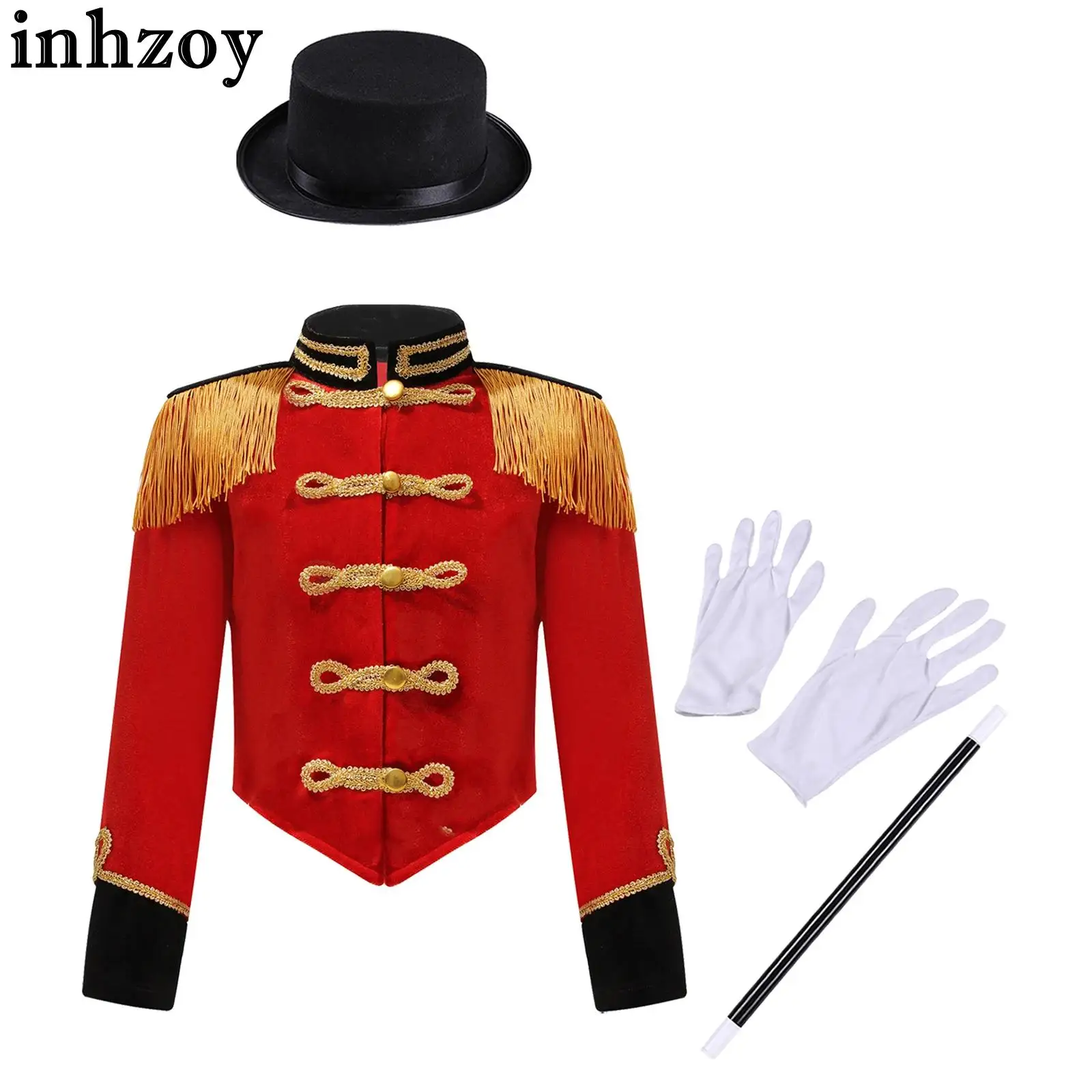 Kids Girls Circus Ringmaster Costume Halloween Carnival Magician Cosplay Performance Long Sleeve Tassel Jacket Hat Magic Wand