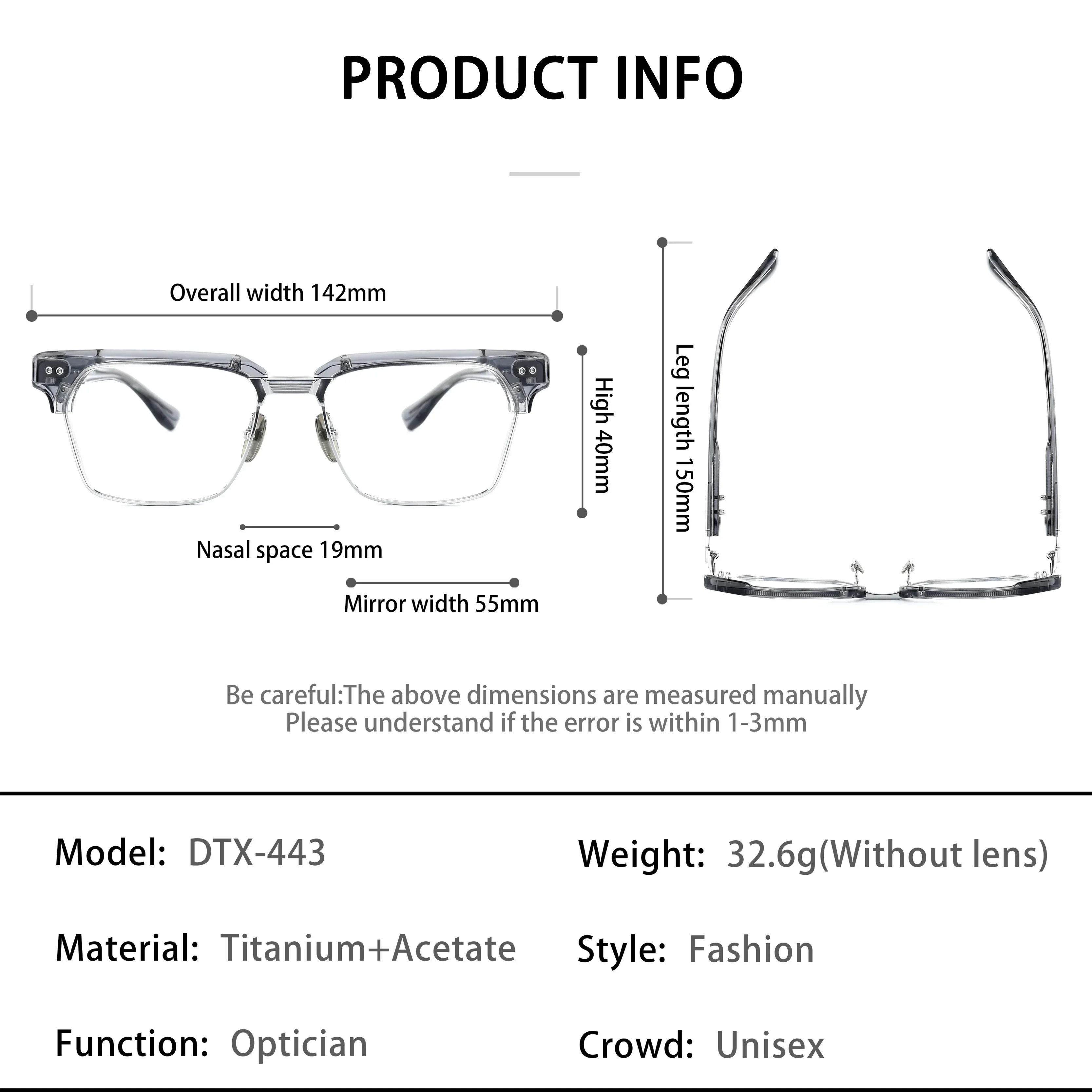 High Quality Fashion DITA-style Lightweight Eyebrow Titanium Acetate Eyeglasses Men Business Clear Grey Full Frame Lenses DTX443