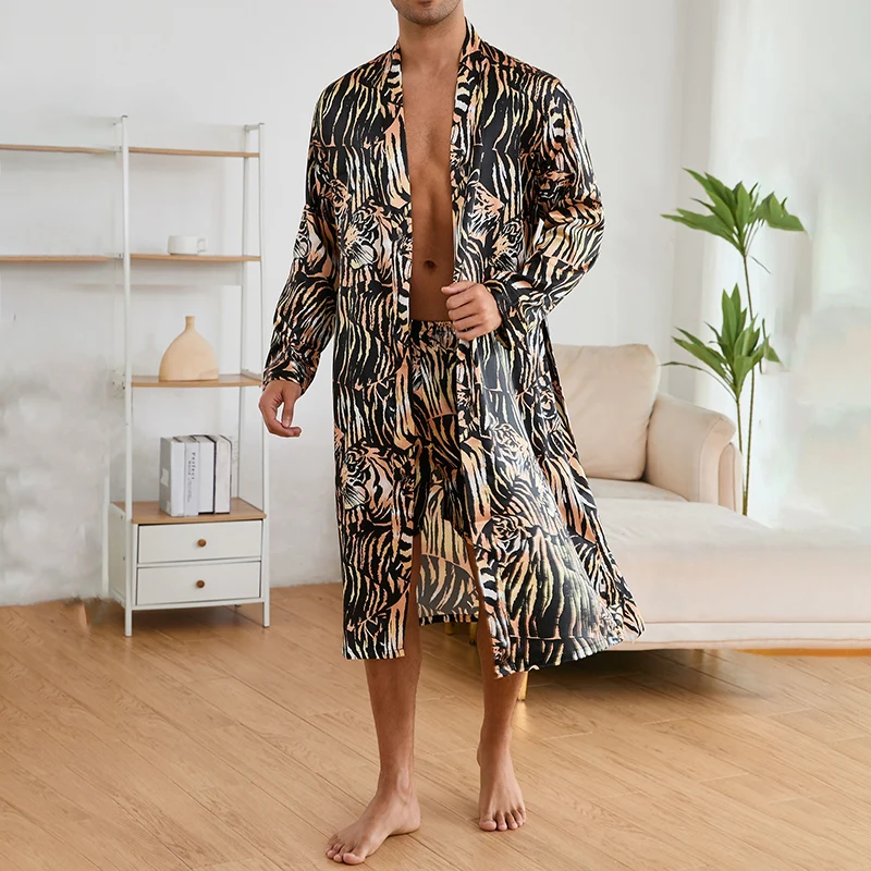 Male Nightwear Men Daily Kimono Long Sleeve Loose Nightgown Pajamas Satin Soft V-neck Long-Sleeve Loose Bathrobe With Shorts