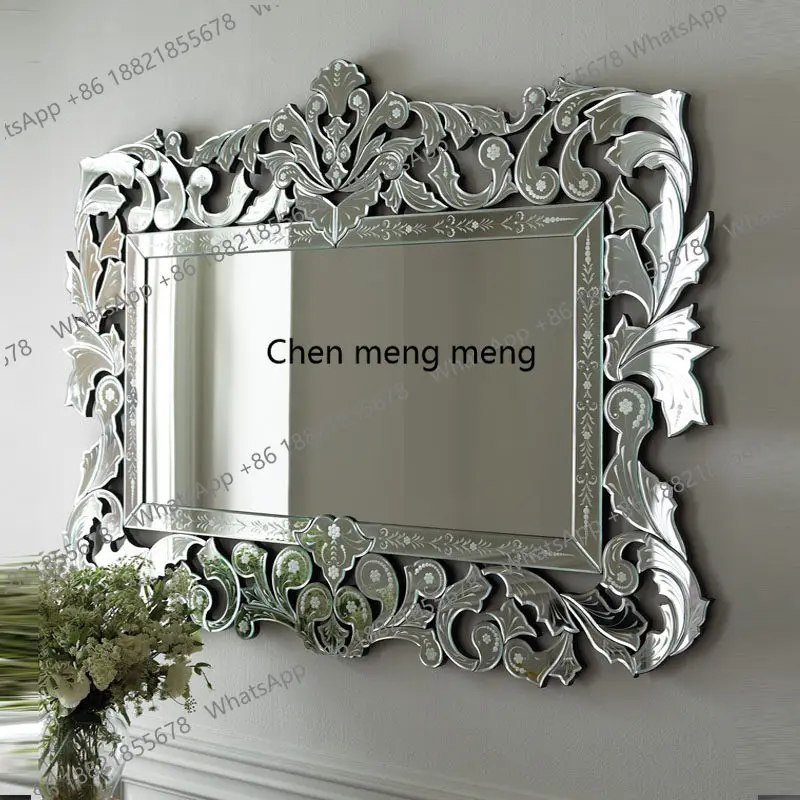 European bathroom cosmetic mirror wall hanging neoclassical entrance background wall decorative mirror carved mirror