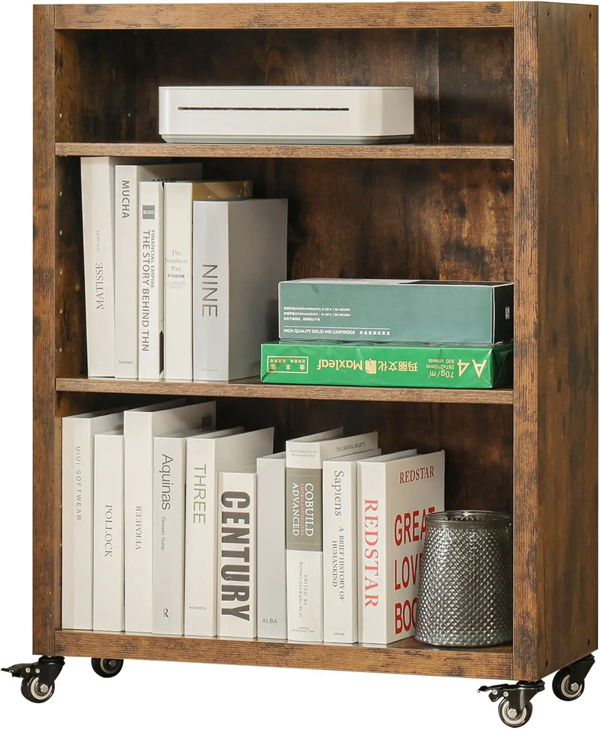 

3-Tier Bookshelf With Wheels Book Storage Organizer Bookcase Floor Standing Fixed Shelves Adjustable Shelf Display Shelves