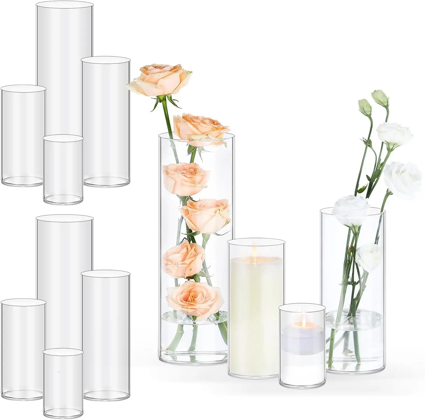 

12 Pack Glass Cylinder Vases 4, 6, 8, 10 Inch Tall Clear Vases For Centerpieces Wedding Decoration, Clear Glass Flower Vases