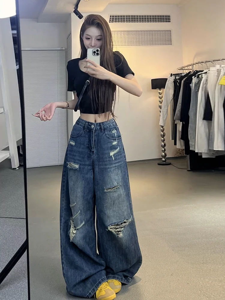 

American Sle High Waist Straight Leg Denim Jeans Women's High Street Autumn New Loose Wide Leg Pants Floor-Length Trousers