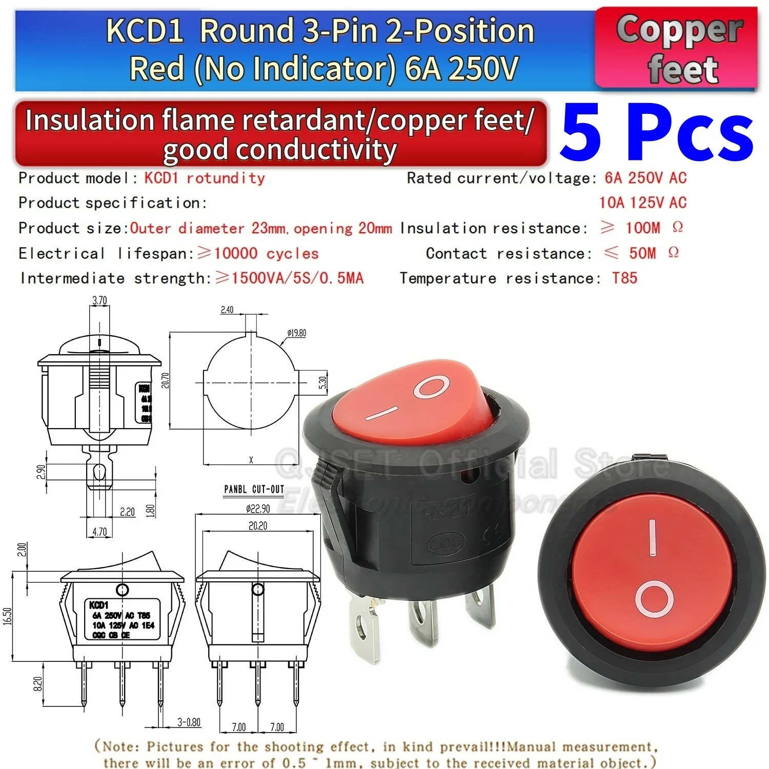 5 Stück KCD1 EIN-AUS-EIN 2/3/4-Pin 2/3-Positionen Einrastbarer 6A 220V Grüner Roter LED Runder Wippschalter für Haushalt DIY Ersatz – Detail 14