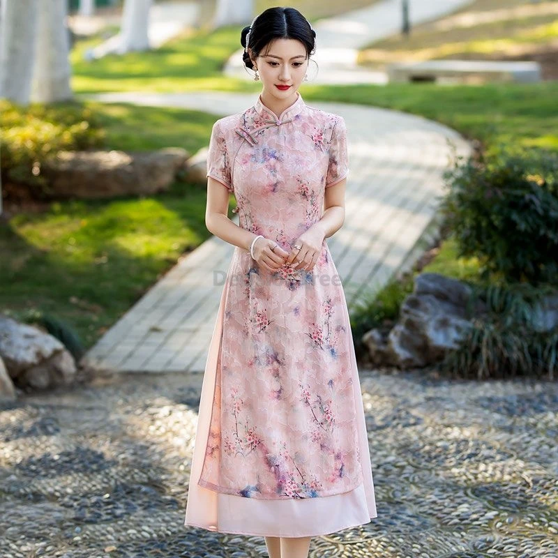 

2025 sweet pink vietnam style ao dai qipao romantic printing retro graceful qipao dress youth temperament women's daily dress