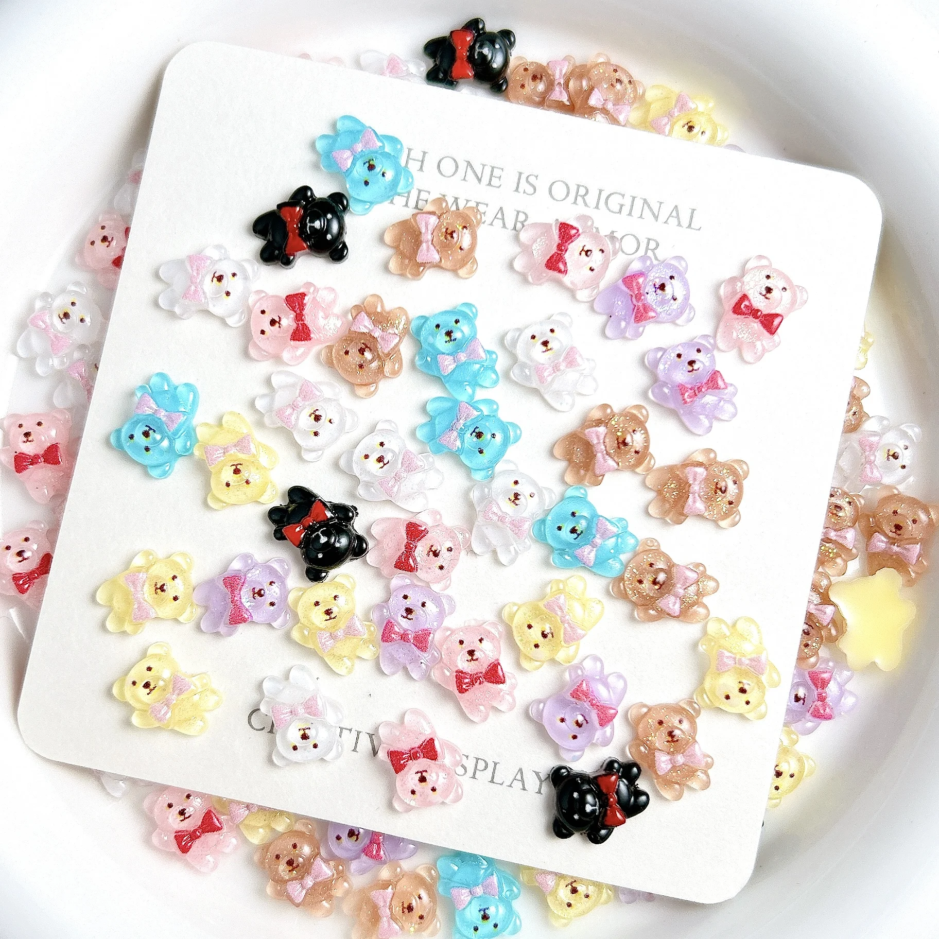 30Pcs Cartoon Translucent Bear Nail Charms Luminou Kawaii Colorful Tie Bear Resin Nail Art Accessories for DIY Nails Decorations