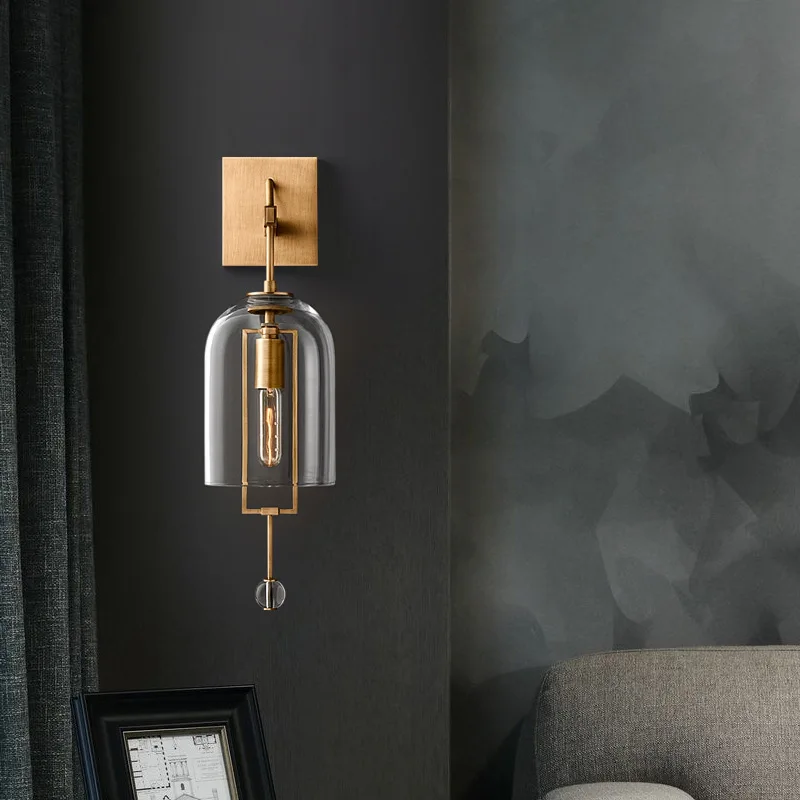 Postmodern American Solid Brass Glass Wall Sconce Vanity Light for Bedroom Hotel Hallway Corridor Mirror Front Wall Decor Lamp