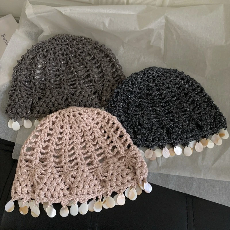 Koreanische Neue Mütze mit Muschel-Quasten-Design, Strickmütze, Herbst, handgefertigt, gehäkelt, hohles Netz, atmungsaktive Beanie-Mützen für Damen – Detail 5