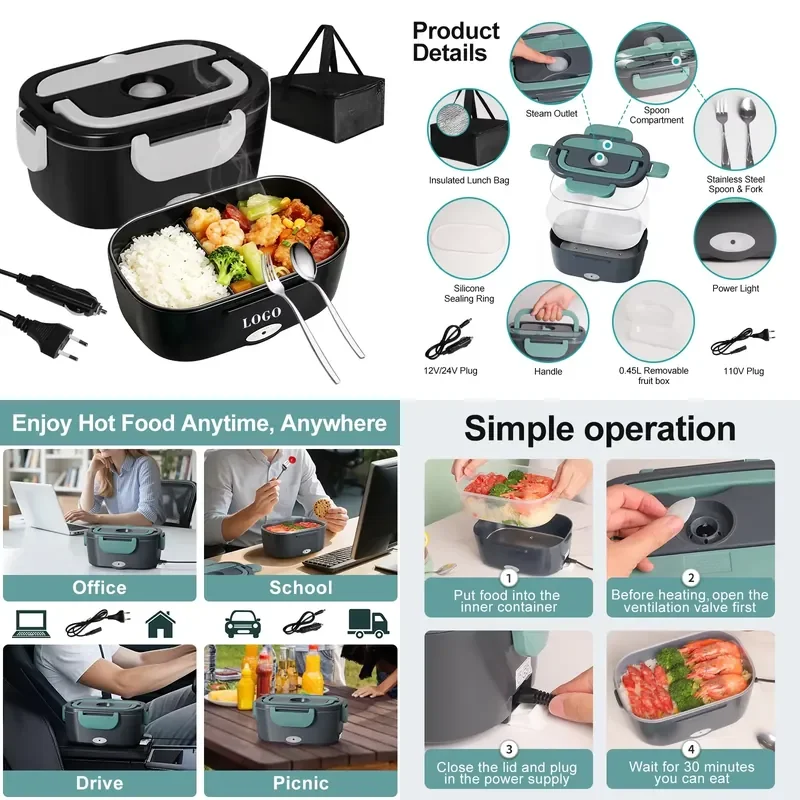 Custom Portable 2-Tier Electric Bento Box Phone Holder Lid Hidden Handle Plug-in Lunch Box Dual Voltage Leakproof Food Warmer