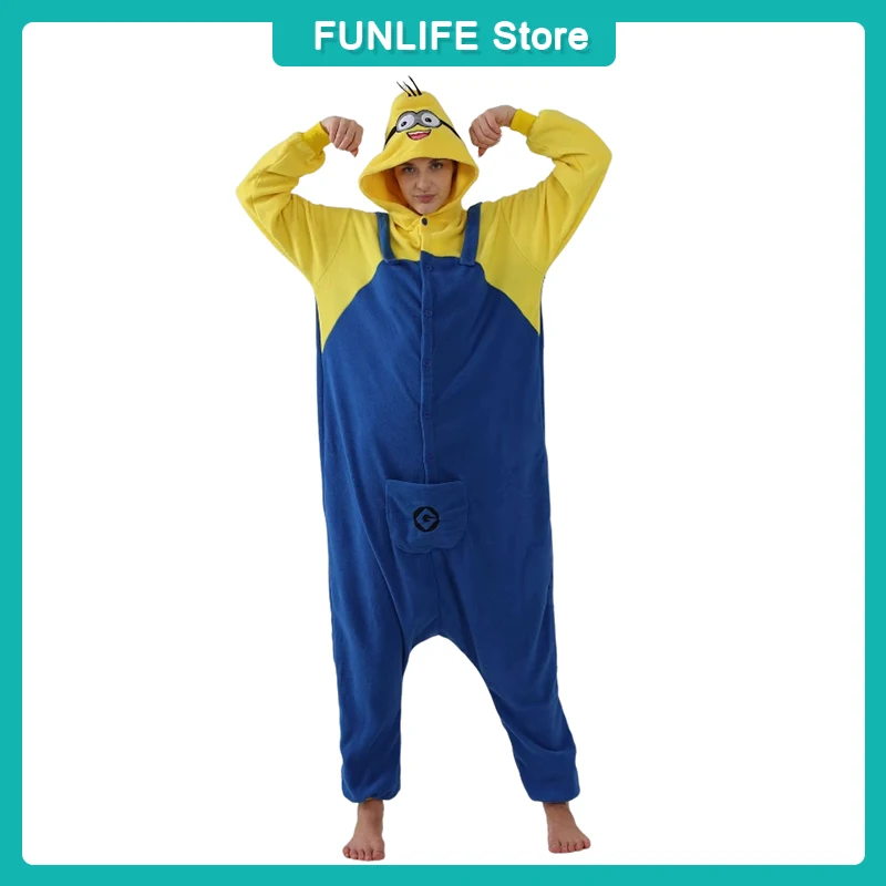 Anime Cartoon Minions Pajamas Jumpsuit Fleece Onesie Adult Home Clothes Halloween Costume Dress Up Party Clothing Surprise Gift