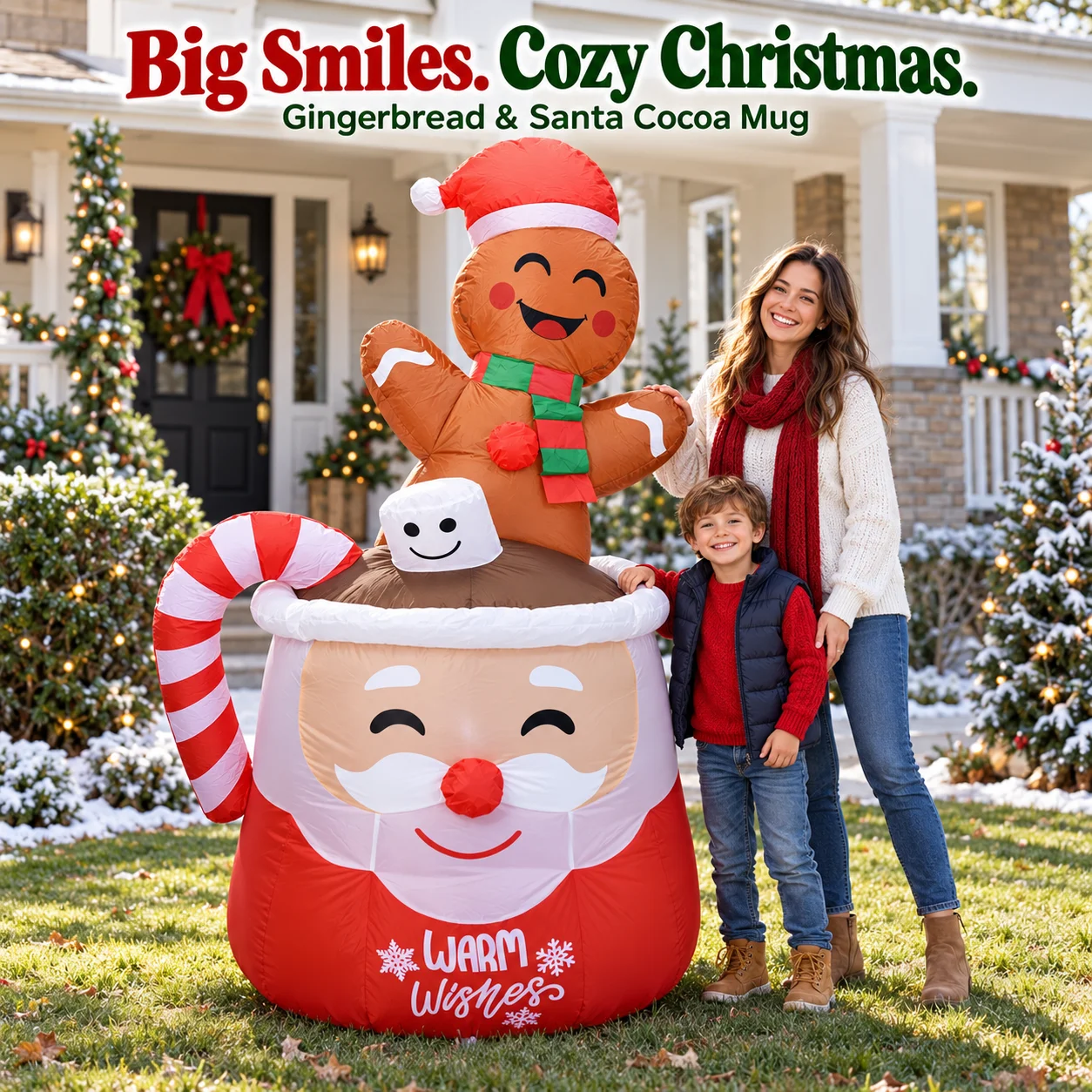 6FT Christmas Inflatable Santa Hot Cocoa Mug Gingerbread Man LED Lighted Cute Blow Up Outdoor Yard Lawn Holiday Party Decoration