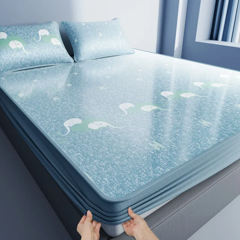 2Pcs Summer Fitted Bed Sheet Set for Single Printed Sleeping Mat with Pillowcase Ice Cooling Mattress Protector for Hot Flashes