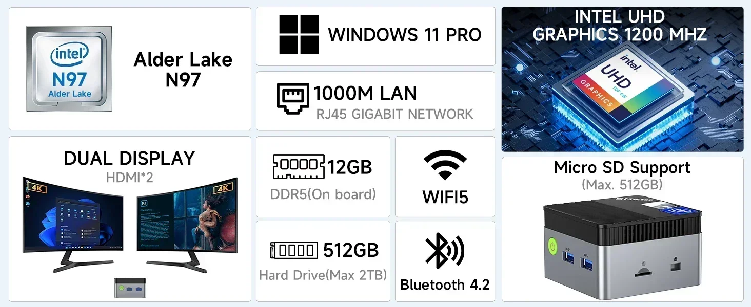 GMKtec G5 MINI PC Alder Lake N97 Windows 11 Pro 12GB DDR5 4800Mhz M.2 2242 SATA SSD WIFI 5 BT4.2 4K@60Hz HD Desk Pocket Mini Pc