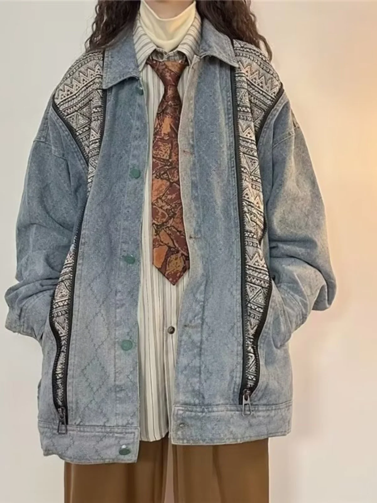 

Весенне-осенний американский ретро элитный женский универсальный этнический джинсовый джинсовый воротник с длинным светом, свободный крой, молодежная мода