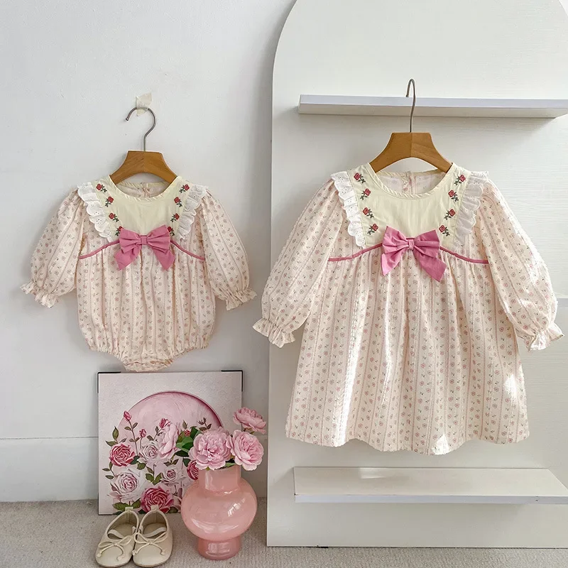 2026 New Spring 2-6Yrs Girl Party Dress Long Sleeved Cotton Print Kids Princess Dresses Baby Girl Romper Sister Dress