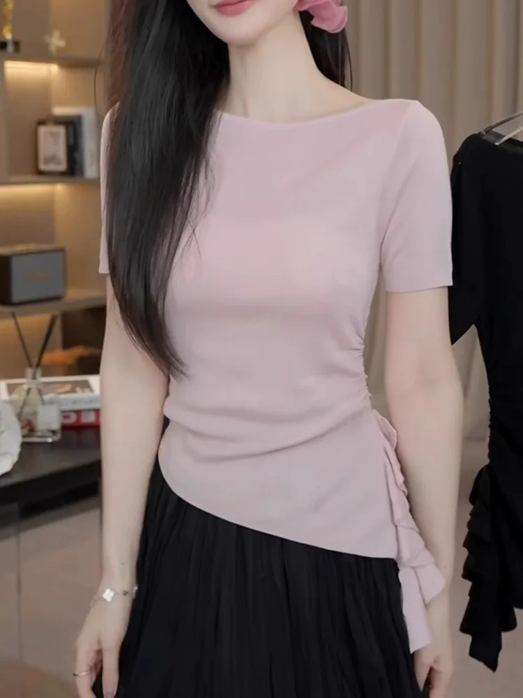 

Slim Fit Ice Silk Knitted ort Sve Base irt Women's Faionable Top Summer Overhead Versatile Knitwear Casual Commute S...