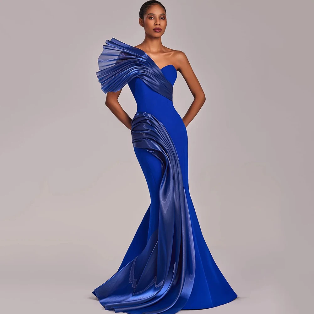 Flechazo Royal Blue Mermaid Evening Dress One Shoulder Sleeveless Women Floor Length with Pleat Wedding Party Customized Gowns