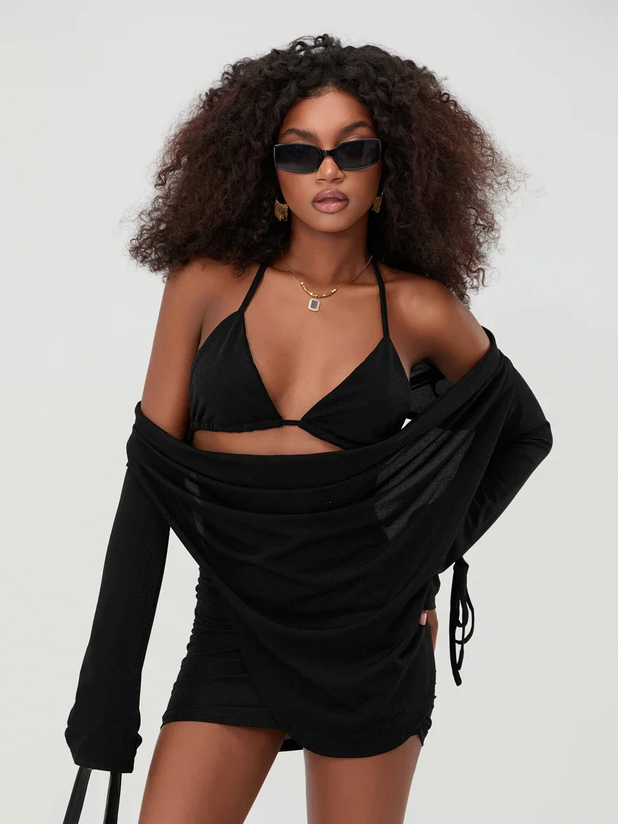 ใหม่แฟชั่นสตรีสามชิ้นฤดูร้อนชุดแขนยาวเปิดกลับเสื้อ Bra และกระโปรงมินิชุด Clubwear S M L