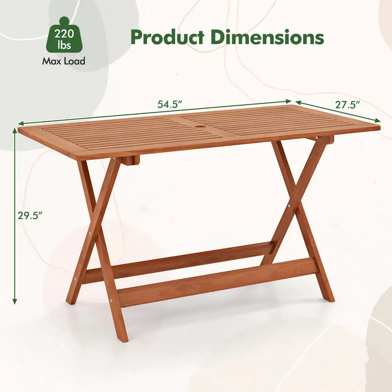 Solid Wood Outdoor Dining Table With Umbrella Hole, X-Frame Stability For Patio, Poolside, Balcony, Durable Teak Finish Furniture, 54.5 X 27.5 Inch