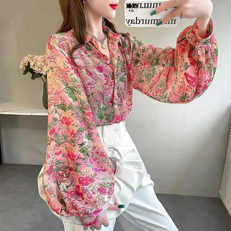 2024 Spring New Fashion Elegant Polo Collar Printed Button Plant&Flowers Loose Chic Long Sleeve Shirts Women's Chiffon Blouses