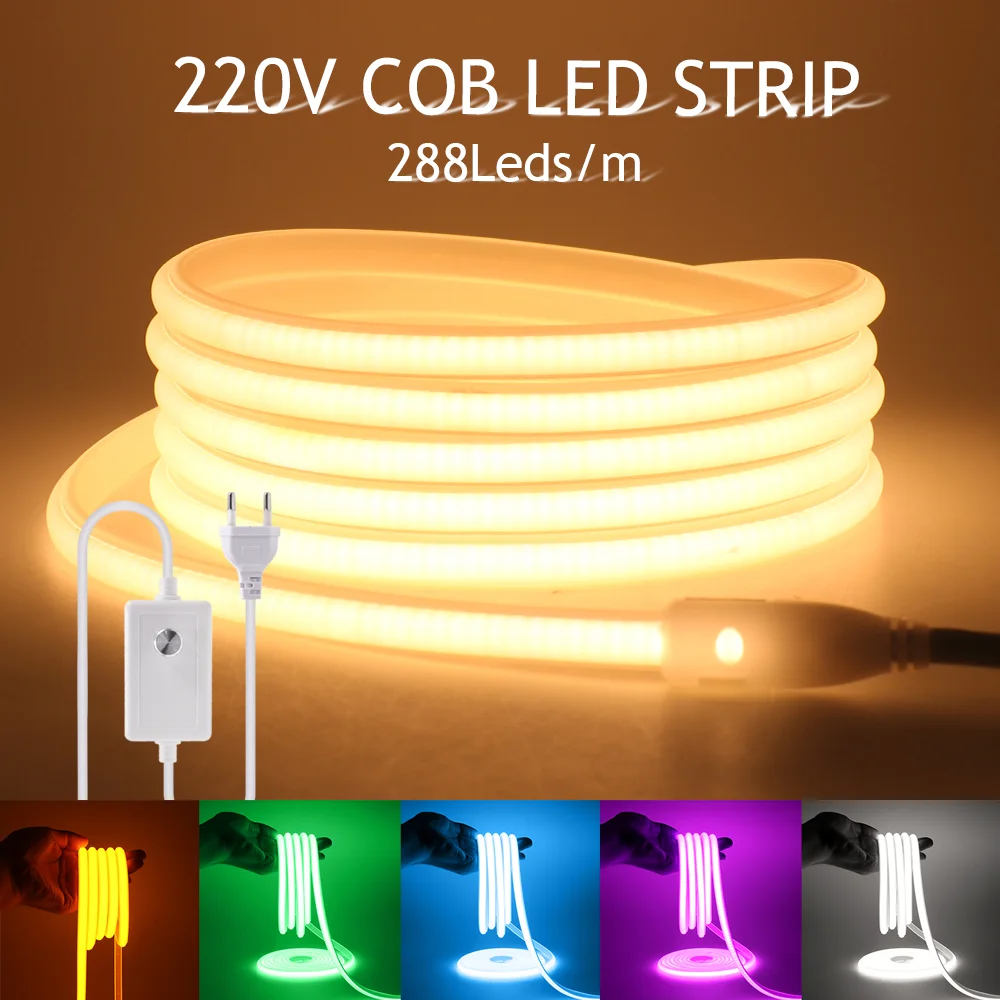 Dimmable COB LED Strip 220V EU Plug 288LEDs/m RA90 Waterproof Outdoor Garden FOB LED Tape Bedroom Kitchen Lighting Red/Blue/Pink