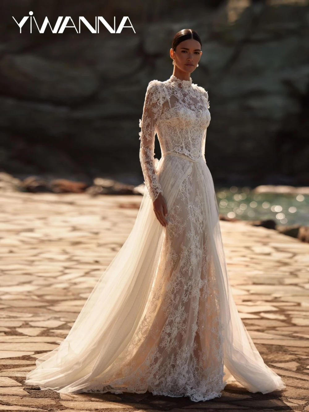 Afneembare trein mouw glanzend kant zeemeermin trouwjurk dromerige ivoor lange bruidsjurk op maat gemaakte sierlijke jurken voor de bruid