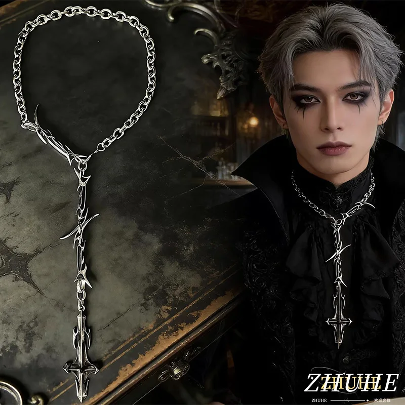 Gothic Thorn Sword Pendant Necklace, Copper Jewelry Accessories for Women & Men, Vintage Punk Style Choker Chain, Edgy Dark Aest