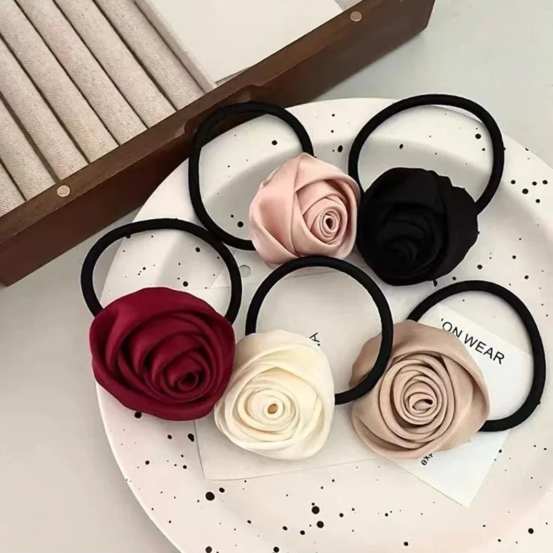 Rose Flower Head Rope French Style Retro Gentle Flower Intestine Hair Ring Artistic Satin Gloss Hair Scrunchies Woman Hair Rope