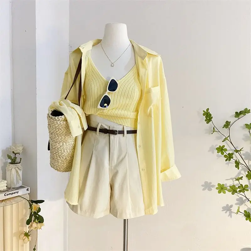 Summer 2024 New Fashion Split Strap Sunscreen Shirt with Hanging Strap High Waist Shorts Three Piece Set for Women