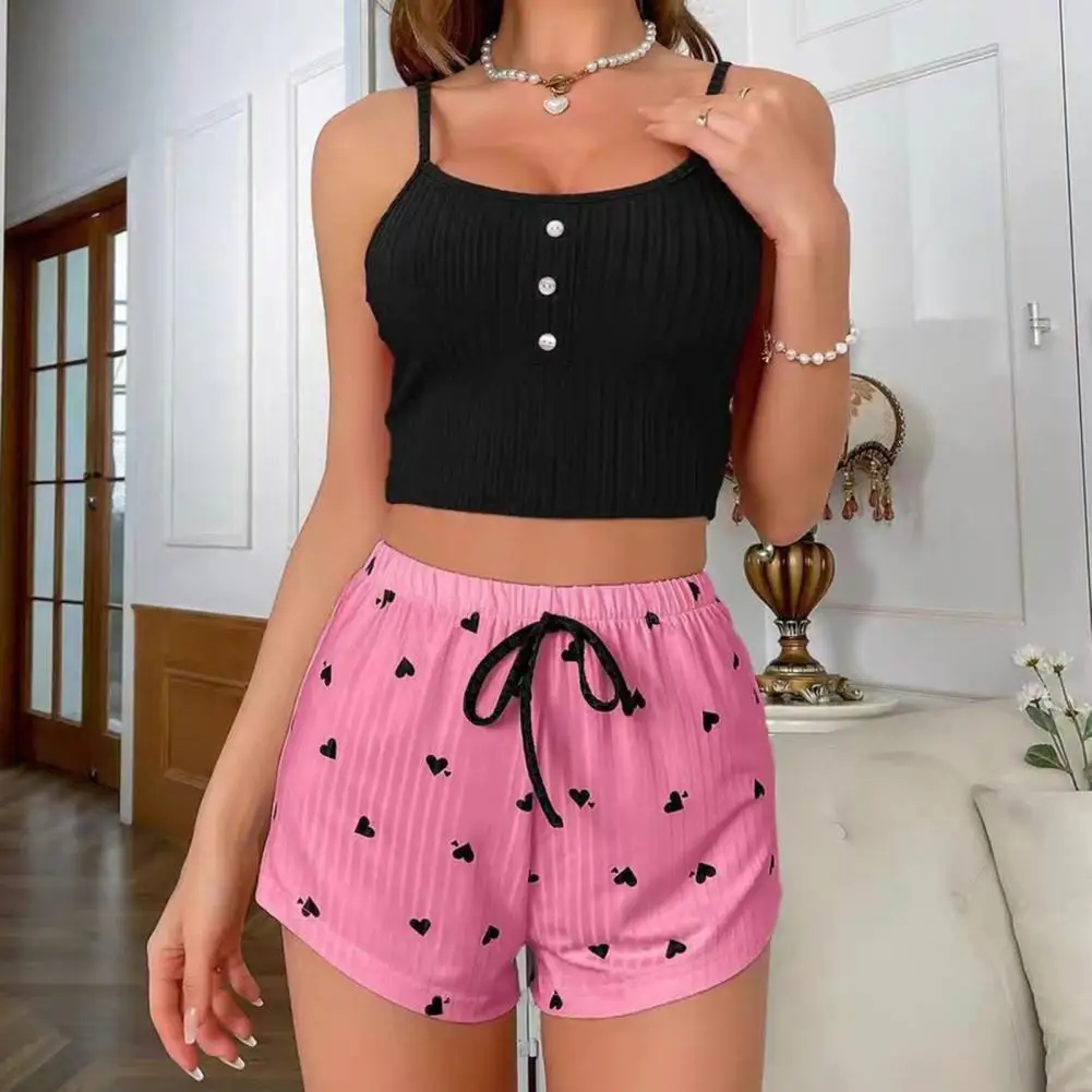 Sweet Women's Cami Pajama Set, Summer Sleeveless Crop Top With Heart Print Shorts, 2 Piece Ribbed Knit Casual Lounge Sleepwear
