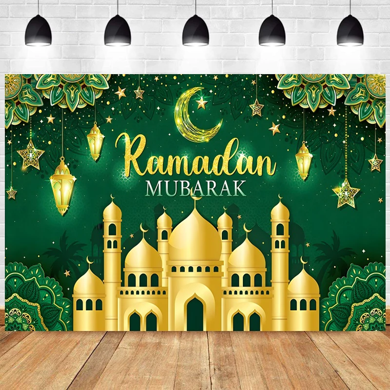 Green Ramadan Eid Mubarak Backdrop Vinyl Banner Muslim Islamic Mosque Photo Background Baby Photography Kareem Party Decorations