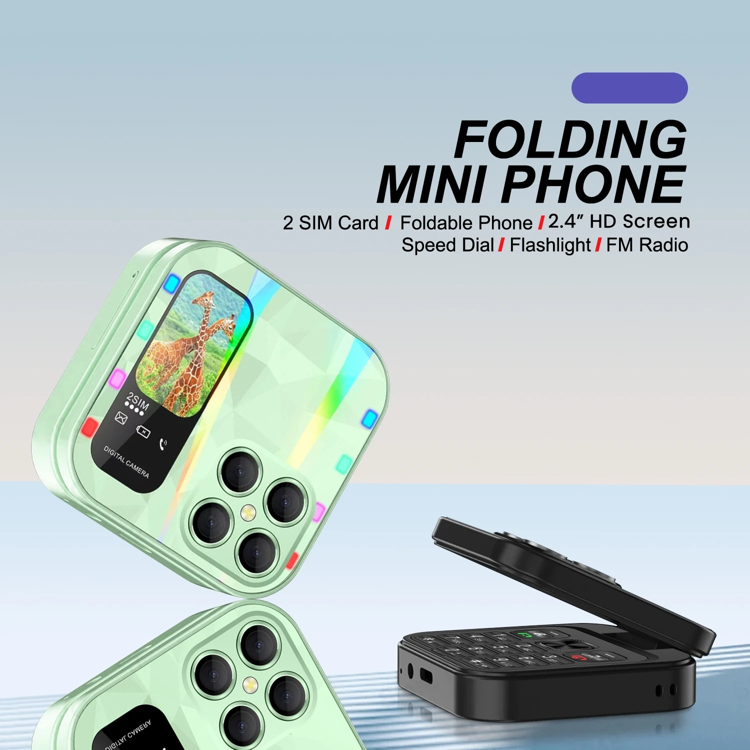 FUFFI S23 Pro, Folding Mini Phone, 2.4 Inch, Luminous Phone, Fun Feature Phone, 2G Network, Dual SIM, Phone Holder, Student Phon
