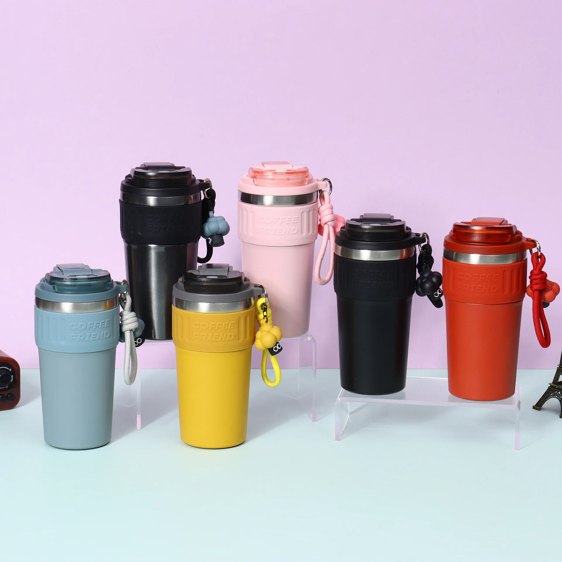 Reusable Insulated Coffee Travel Mug with Lid & Charm Stainless Steel Tumbler Leakproof Portable Cup for Work School Travel