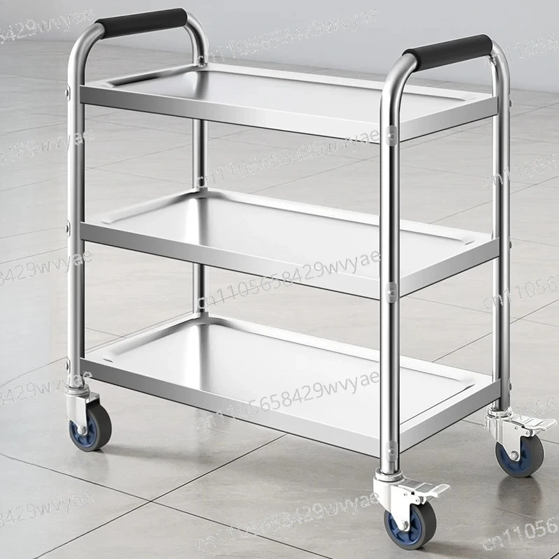 A Commercial Three-layer Stainless Steel Dining Truck Suitable  Restaurants and Cafes,equipped with Heavy-duty Unfolding Trays
