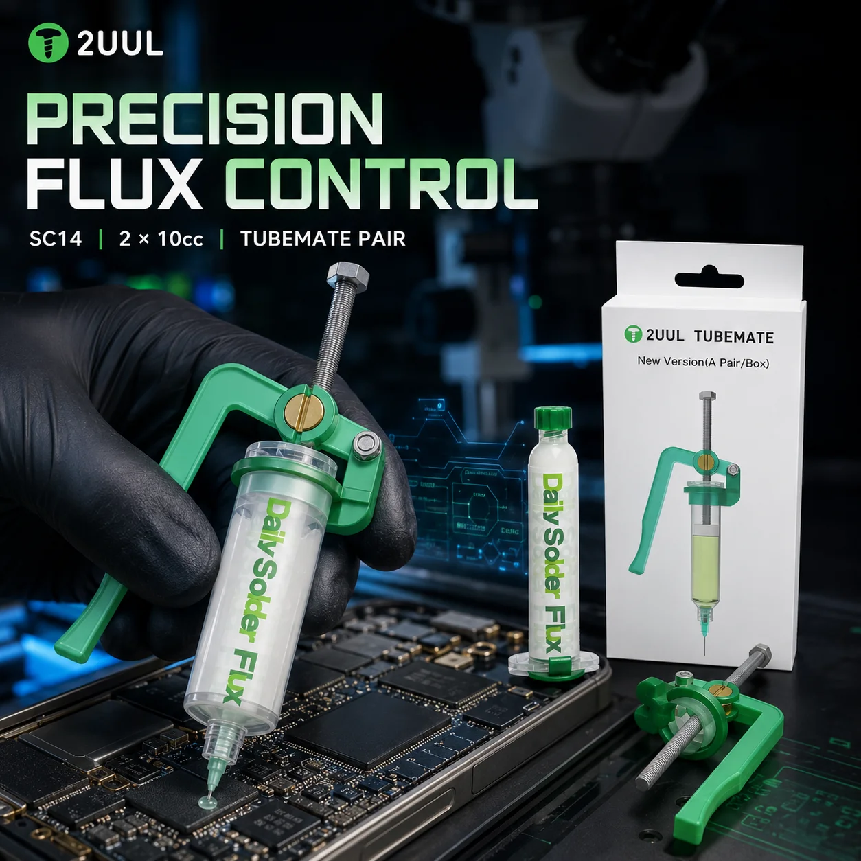 2UUL SC14 Flux Paste Combo Kit with TUBEMATE Syringe Press Tool for Motherboard Chip Soldering Repair