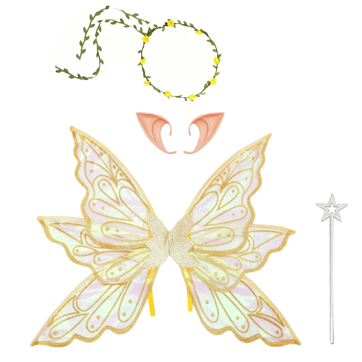 Große goldene Feenflügel für Erwachsene, glitzernde transparente Flügel, Schmetterlingsfee, Halloween-Kostüm, Engelsflügel für Frauen