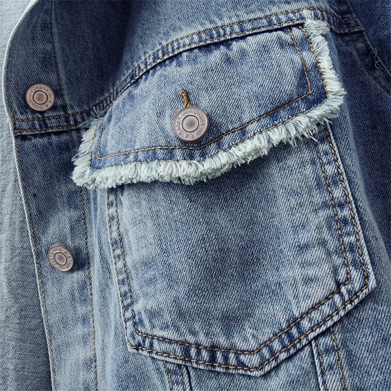 Zomer Vintage Lichtblauw Kort Denim Jasje Verzwakte Bramen Grote Zak Revers Korte Mouw Single-Breasted Jeans Jas Vrouwelijke Jas