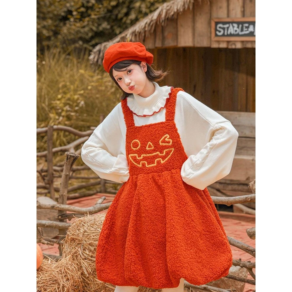loween Adult Outfit Two-Piece Set Small Sweet Pumpkin Funny Bouffant Skirt High Collar Sweater Autumn Faion Ladies' Clot...