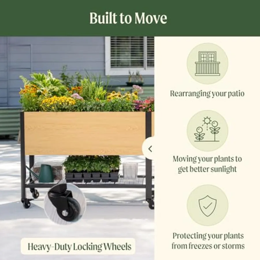 Outdoor gardening: metal woodgrain elevated planter box with legs storage rack, brown, 1000 lbs capacity, for herbs, flowers, v view 6