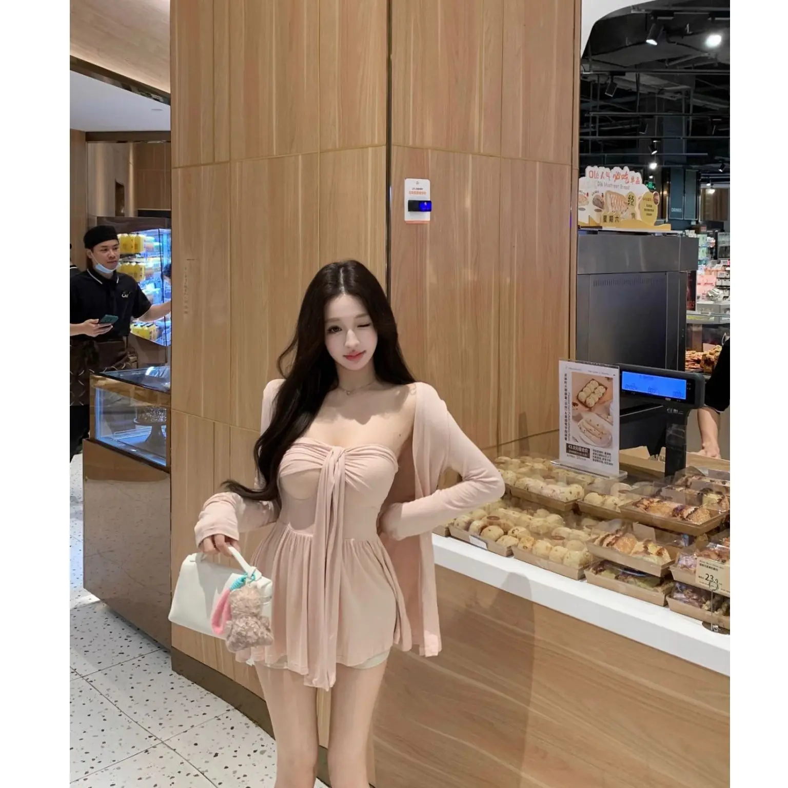 Ladies Summer Pink Long Sleeve Sun Protection Open Cardigan Set with Sash Tube Top Tank Top Two Piece Set Comfortable Loose Fit