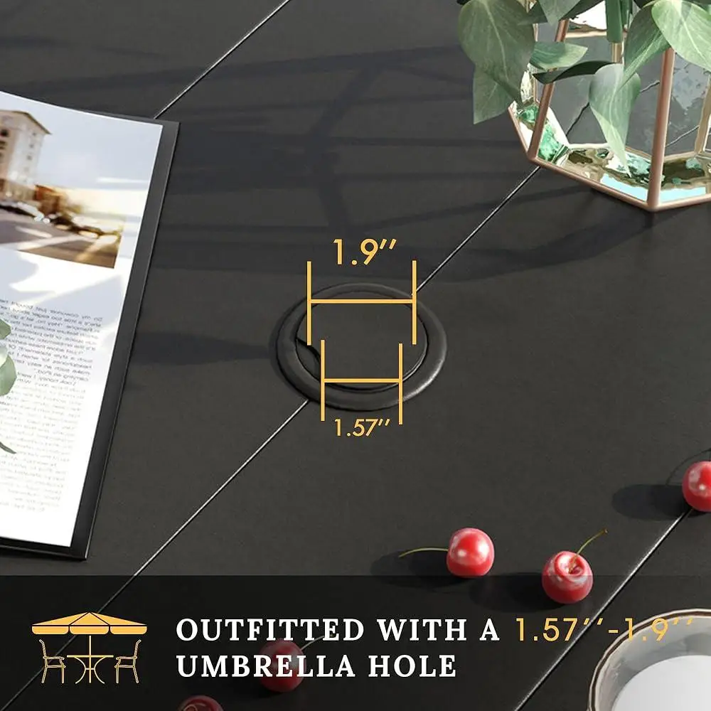 63 인치 직사각형 파티오 식탁 우산 구멍이 있는 금속 야외 테이블 전천후 6인 안정적인 내구성 미끄럼 방지 피트