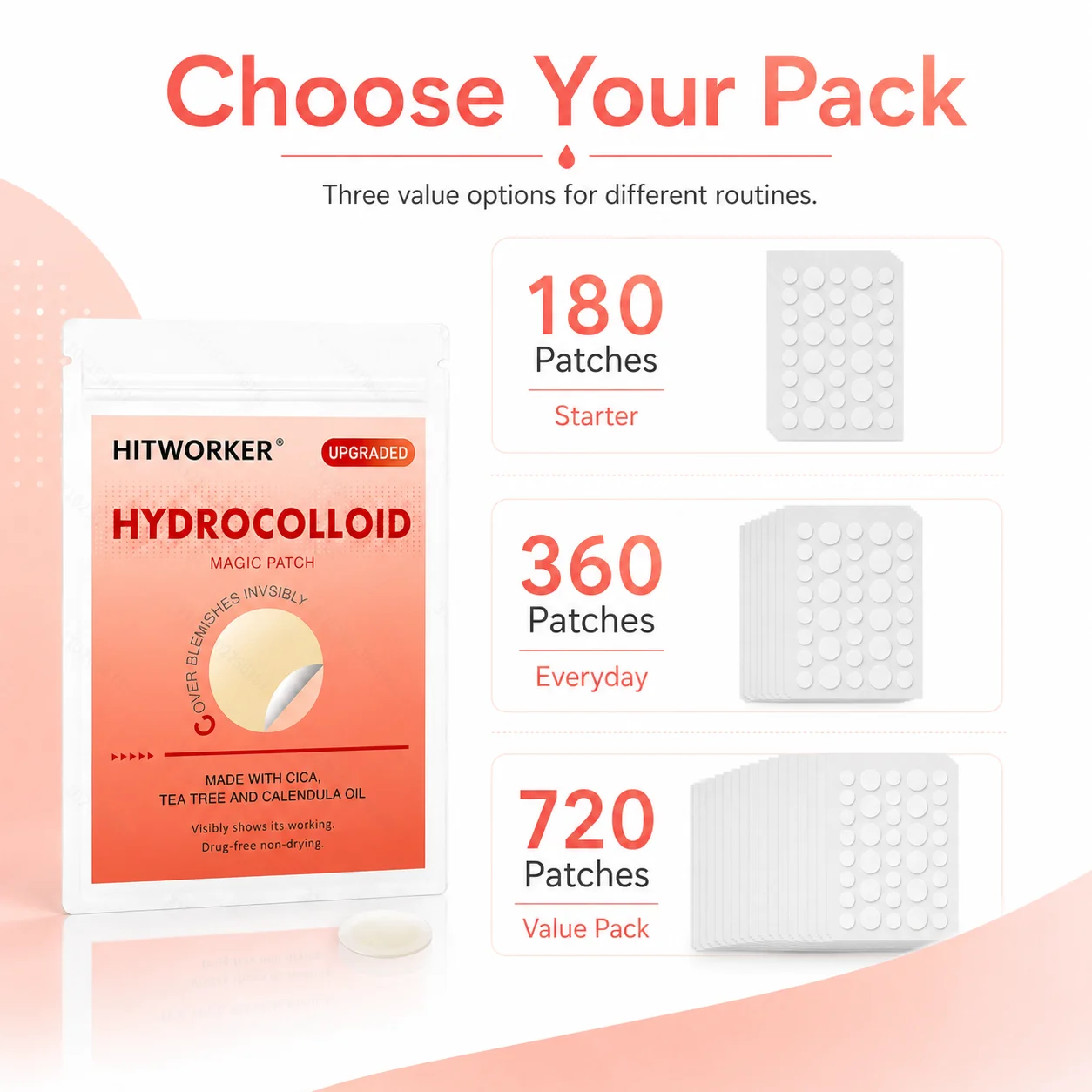 Hydrocolloid Acne Pimple Patches 180/360/720 Counts, Invisible Spot Dots, Oil Absorbing Blemish Stickers for Day & Night Skin Tr