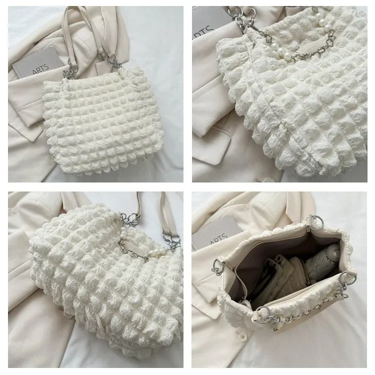 Damen Gesteppte Karierte Wolken-Baumwolltasche, Plissierte Unterarm-Hobo-Shopper-Umhängetasche für den Täglichen Gebrauch – Detail 1