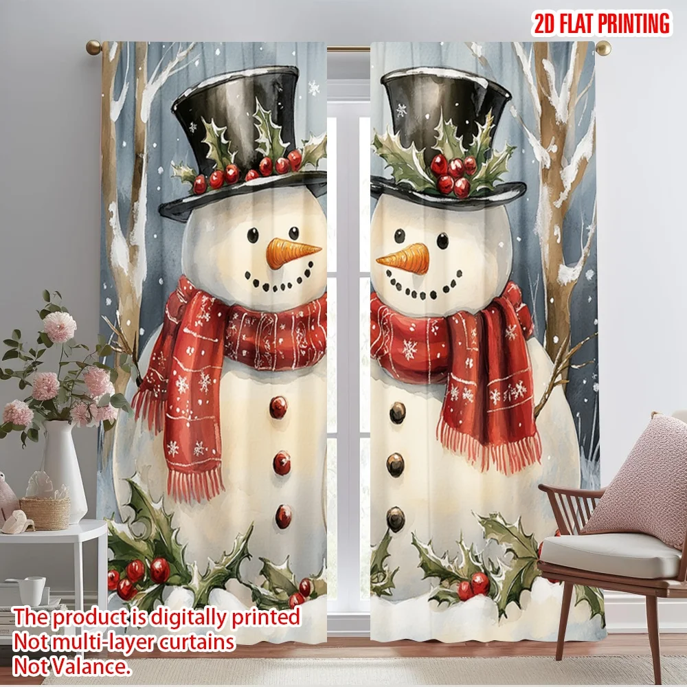 2pcs,2D plane printing Curtains Cute Snowman Couple Winter (2) 100% Polyester (without rod) Outdoor Decorations for Bedroom,