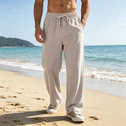 Men's Lightweight Long Pants Summer Solid Color Breathable Loose Trousers Male Elastic Waist Casual Pants Harajuku Trousers
